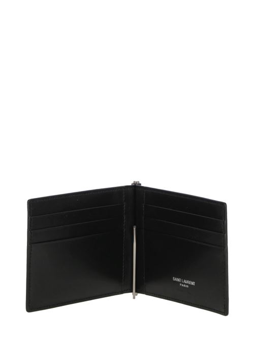 Black *ICON Monogram wallet in calfskin with silver metallic logo and banknote clip. Saint Laurent | 4856300SX0E1000